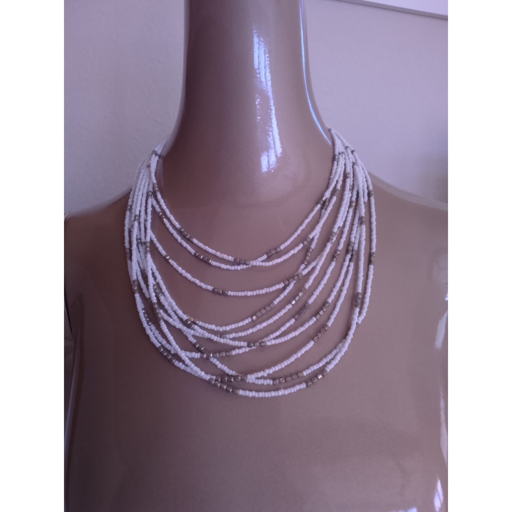 White and Silver Multi Strand Seed Bead Layered Statement Necklace Adjustable